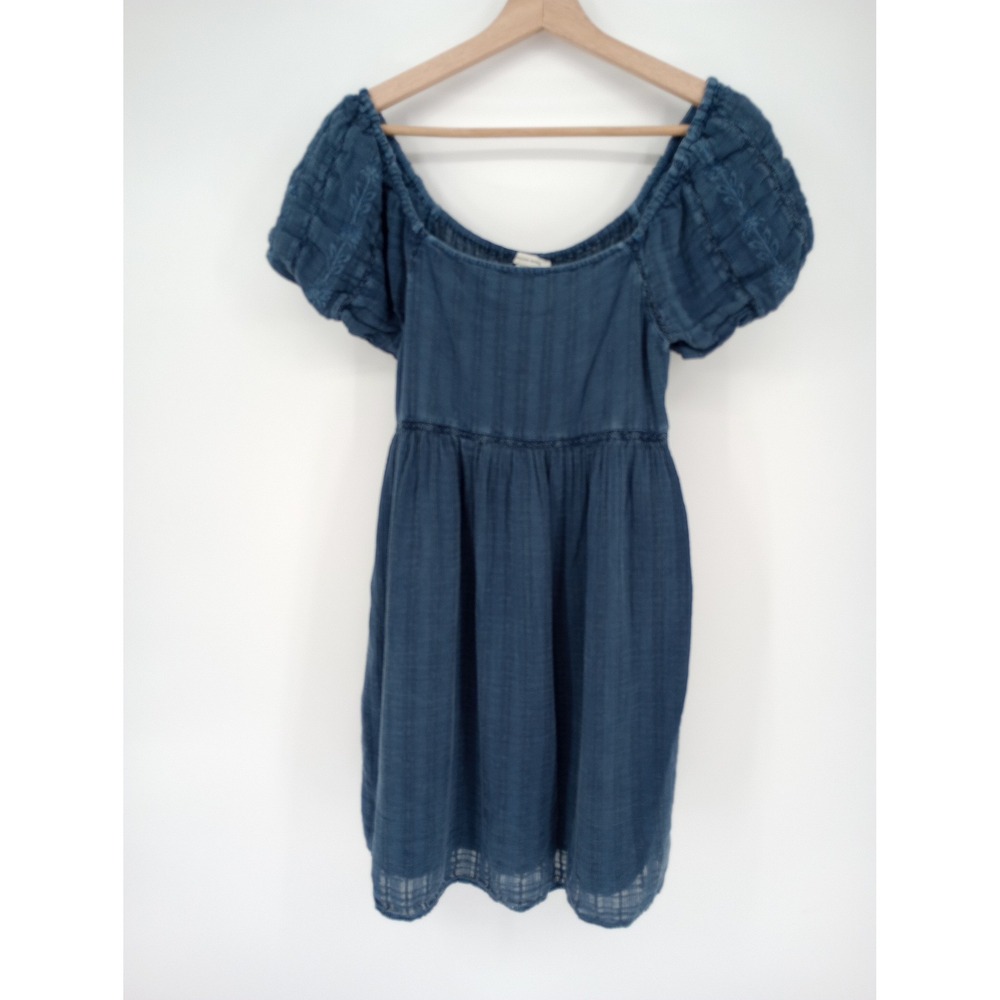 American Eagle Babydoll‎ Dress Womens Small Blue Gauze Puff Sleeve Embroidered